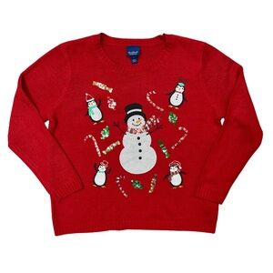 Gloria Vanderbilt Red Holiday Christmas Sweater with Sequin Snowman and Penguins